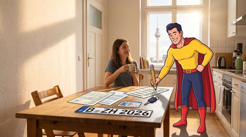 Unterlagen für die Ummeldung auf einem Küchentisch, die Comicfigur Zulassungsheld hakt die Liste ab