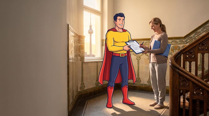 Kundin unterschreibt an der Wohnungstür die Anträge, die Comicfigur Zulassungsheld hält das Klemmbrett