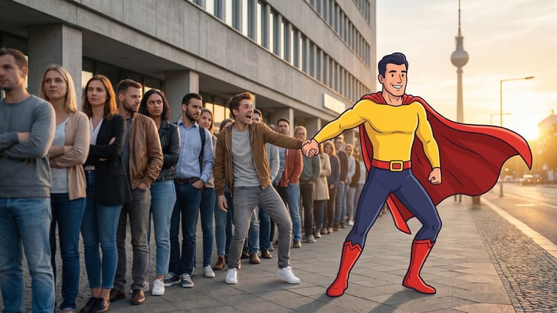 Comicfigur Zulassungsheld holt einen Kunden lachend aus einer Warteschlange vor einem Amtsgebäude