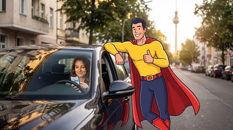 Kundin schreibt im Auto auf dem Handy, die Comicfigur Zulassungsheld lehnt am offenen Fenster und zeigt den Daumen hoch