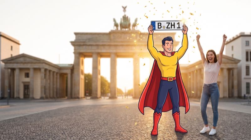 Comicfigur Zulassungsheld hält vor dem Brandenburger Tor ein Wunschkennzeichen hoch wie einen Pokal