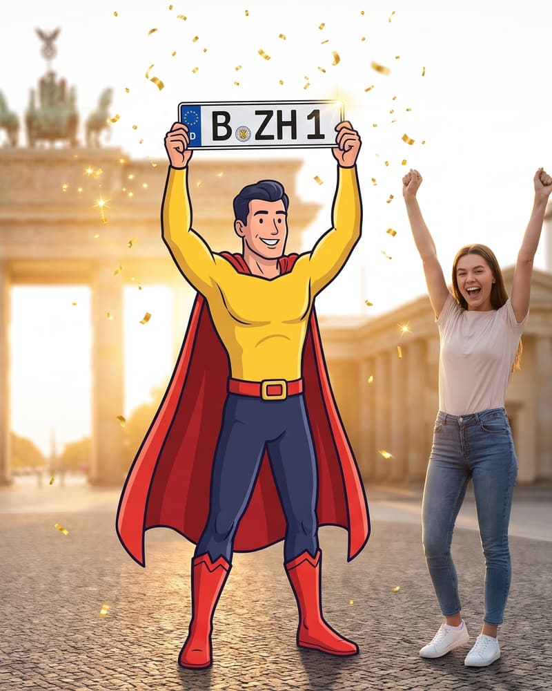 Comicfigur Zulassungsheld hält vor dem Brandenburger Tor ein Berliner Wunschkennzeichen hoch
