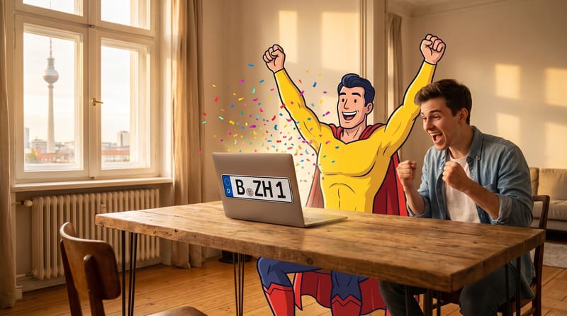 Comicfigur Zulassungsheld jubelt mit einem Mann am Laptop über ein reserviertes Berliner Kennzeichen, hinten der Fernsehturm