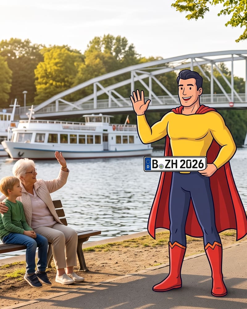 Comicfigur Zulassungsheld winkt an der Greenwichpromenade am Tegeler See, hinter ihm Ausflugsschiffe und die Sechserbrücke