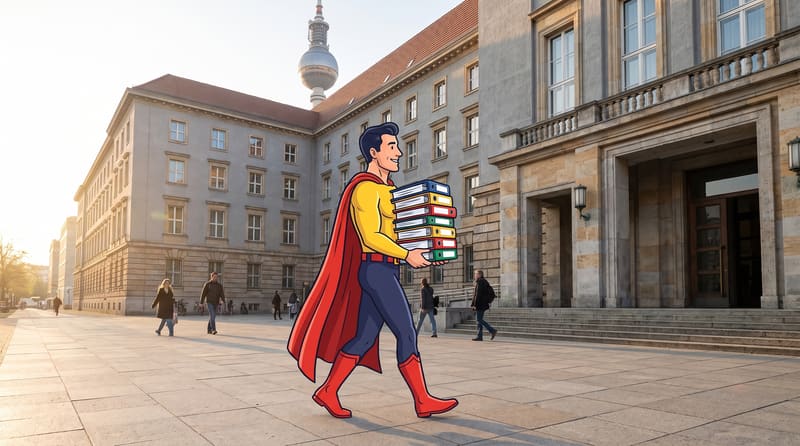Comicfigur Zulassungsheld trägt einen Stapel Ordner zu einem Amtsgebäude
